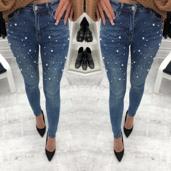 Pearls beading skinny denim jeans Women 's slim rivet pearl jeans Summer fashion stretch pants cowboy Light blue trousers - Takalr