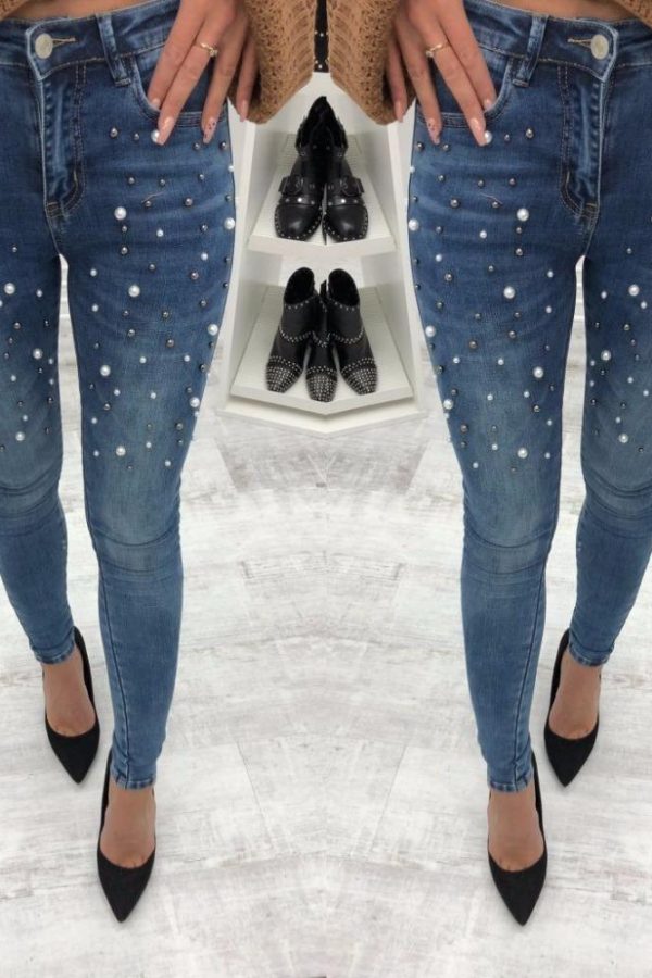 Pearls beading skinny denim jeans Women 's slim rivet pearl jeans Summer fashion stretch pants cowboy Light blue trousers - Takalr