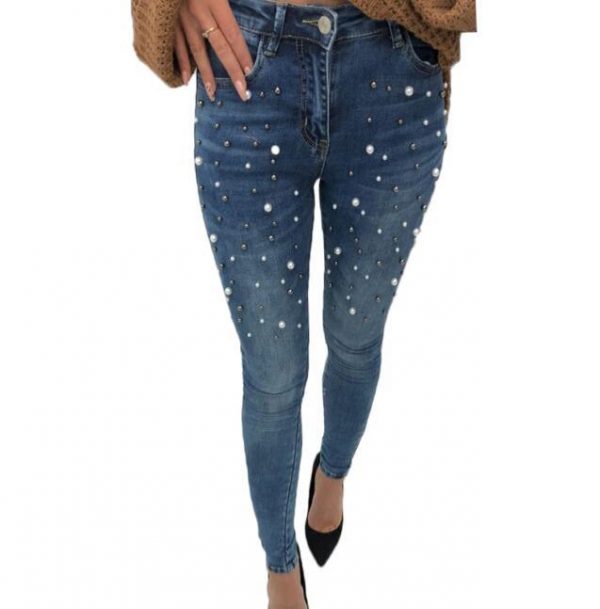 Pearls beading skinny denim jeans Women 's slim rivet pearl jeans Summer fashion stretch pants cowboy Light blue trousers - Takalr