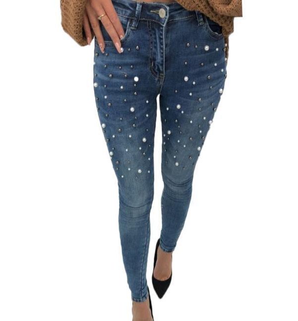 Pearls beading skinny denim jeans Women 's slim rivet pearl jeans Summer fashion stretch pants cowboy Light blue trousers - Takalr