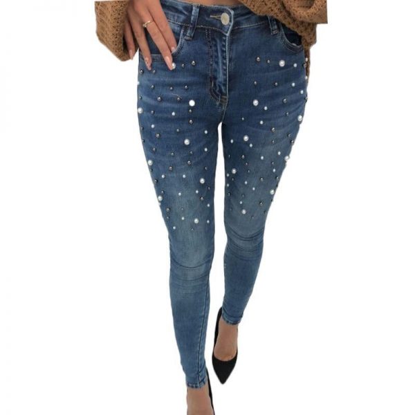 Pearls beading skinny denim jeans Women 's slim rivet pearl jeans Summer fashion stretch pants cowboy Light blue trousers - Takalr