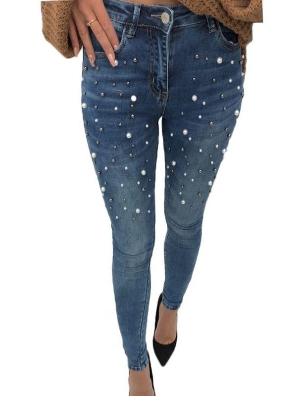 Pearls beading skinny denim jeans Women 's slim rivet pearl jeans Summer fashion stretch pants cowboy Light blue trousers - Takalr