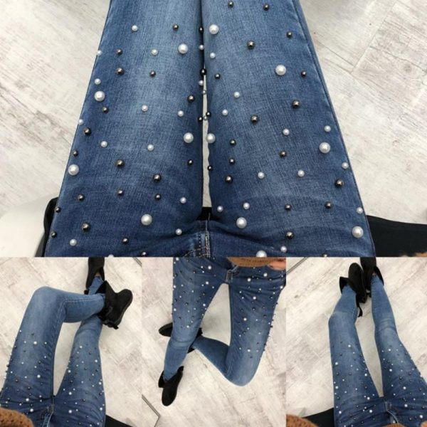 Pearls beading skinny denim jeans Women 's slim rivet pearl jeans Summer fashion stretch pants cowboy Light blue trousers - Takalr