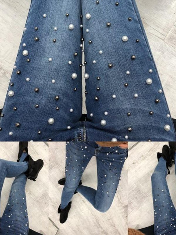 Pearls beading skinny denim jeans Women 's slim rivet pearl jeans Summer fashion stretch pants cowboy Light blue trousers - Takalr