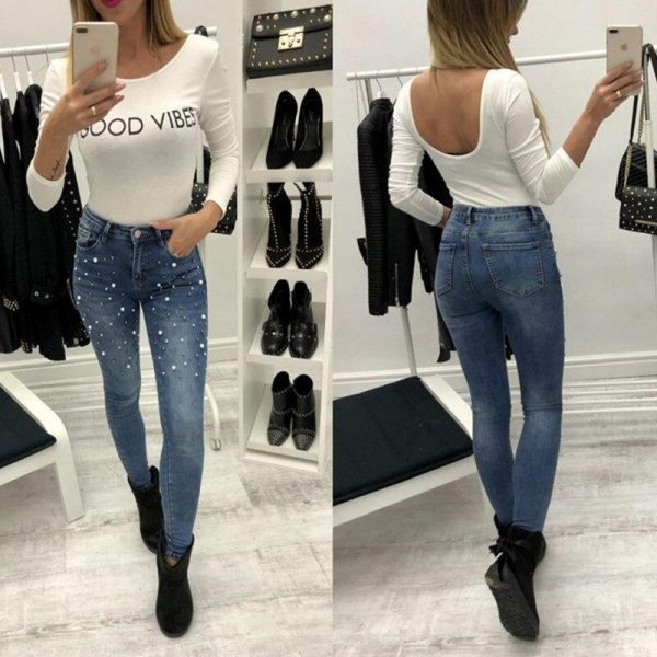 Pearls beading skinny denim jeans Women 's slim rivet pearl jeans Summer fashion stretch pants cowboy Light blue trousers - Takalr