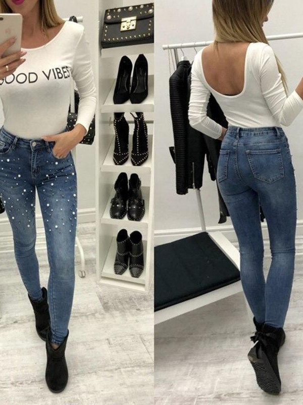 Pearls beading skinny denim jeans Women 's slim rivet pearl jeans Summer fashion stretch pants cowboy Light blue trousers - Takalr