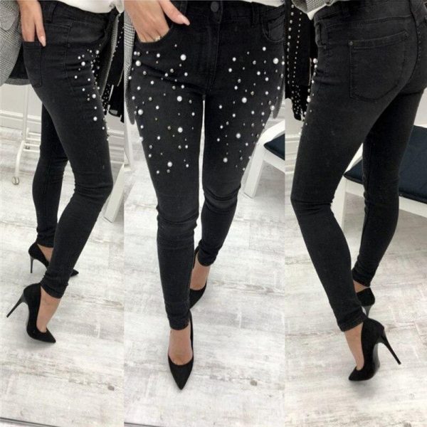 Pearls beading skinny denim jeans Women 's slim rivet pearl jeans Summer fashion stretch pants cowboy Light blue trousers - Takalr