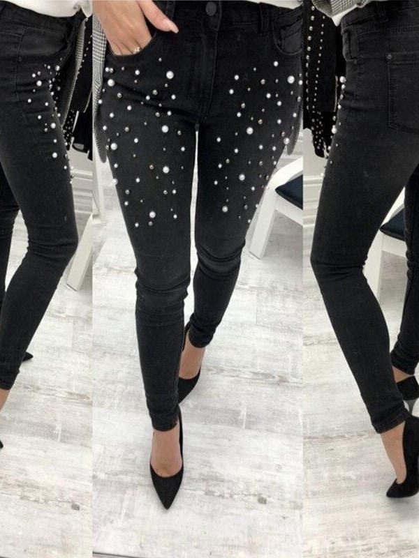 Pearls beading skinny denim jeans Women 's slim rivet pearl jeans Summer fashion stretch pants cowboy Light blue trousers - Takalr