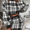 Plaid Print Two piece Set Women Long Sleeve Crop Tops and Skirt Suit Winter Female Party Mini tracksuit Vestido - Takalr