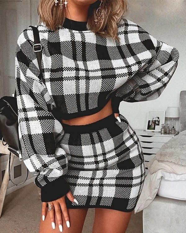 Plaid Print Two piece Set Women Long Sleeve Crop Tops and Skirt Suit Winter Female Party Mini tracksuit Vestido - Takalr