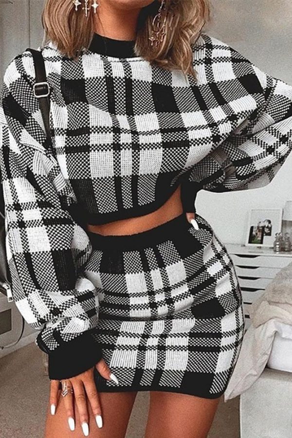 Plaid Print Two piece Set Women Long Sleeve Crop Tops and Skirt Suit Winter Female Party Mini tracksuit Vestido - Takalr