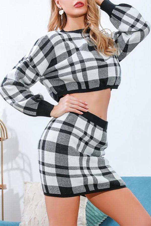 Plaid Print Two piece Set Women Long Sleeve Crop Tops and Skirt Suit Winter Female Party Mini tracksuit Vestido - Takalr