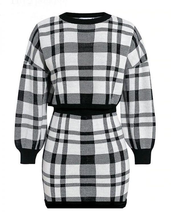 Plaid Print Two piece Set Women Long Sleeve Crop Tops and Skirt Suit Winter Female Party Mini tracksuit Vestido - Takalr