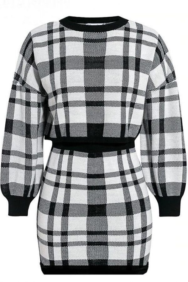 Plaid Print Two piece Set Women Long Sleeve Crop Tops and Skirt Suit Winter Female Party Mini tracksuit Vestido - Takalr