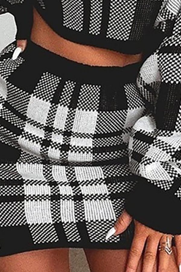 Plaid Print Two piece Set Women Long Sleeve Crop Tops and Skirt Suit Winter Female Party Mini tracksuit Vestido - Takalr