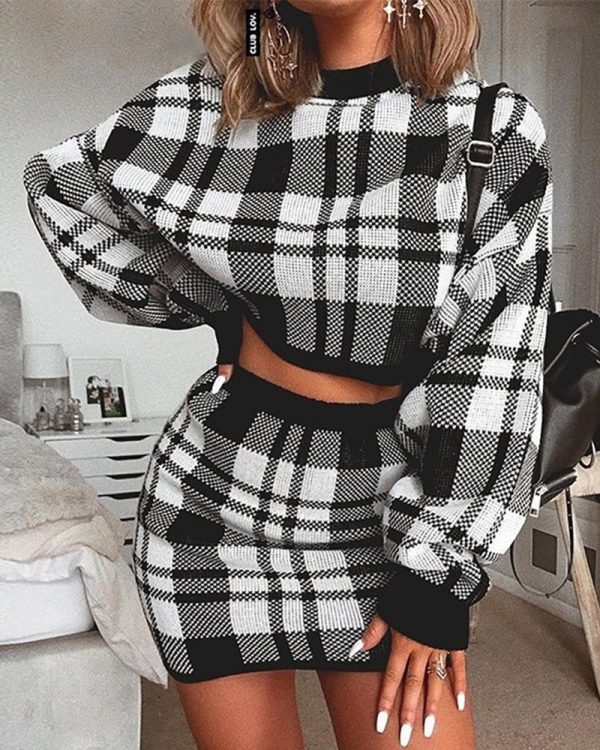 Plaid Print Two piece Set Women Long Sleeve Crop Tops and Skirt Suit Winter Female Party Mini tracksuit Vestido - Takalr