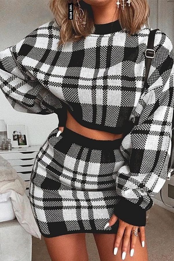 Plaid Print Two piece Set Women Long Sleeve Crop Tops and Skirt Suit Winter Female Party Mini tracksuit Vestido - Takalr