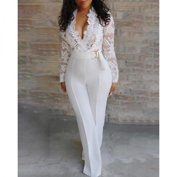 Plunge Lace Bodice Insert Jumpsuit For Women Long sleeve v neck sexy rompers Maxi wide leg patns jumpsuits White overalls - Takalr