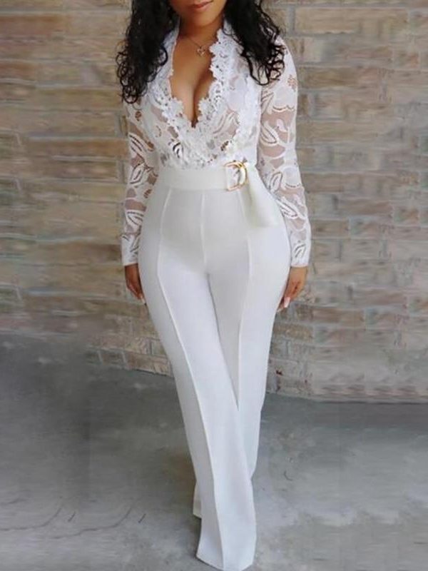 Plunge Lace Bodice Insert Jumpsuit For Women Long sleeve v neck sexy rompers Maxi wide leg patns jumpsuits White overalls - Takalr