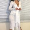 Plunging Tassel Twisted Design Dress Women Solid White Long Sleeve Dress Winter V Neck Bodycon Party Dresses - Takalr