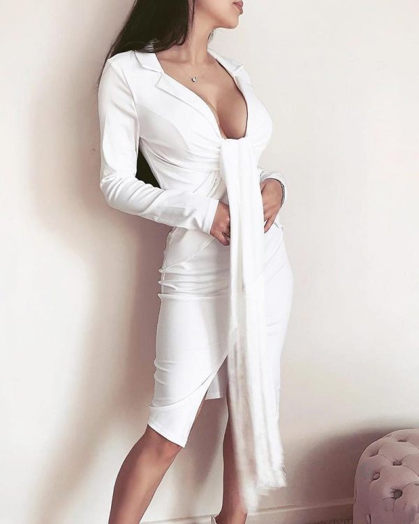 Plunging Tassel Twisted Design Dress Women Solid White Long Sleeve Dress Winter V Neck Bodycon Party Dresses - Takalr