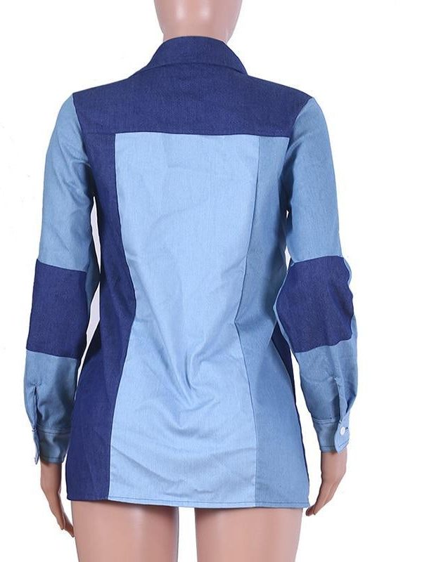 Plus Size Blue Patchwork Long Sleeve T Shirt Women Turn Down Colllar Button Dejim Tshirt Single Breasted Camisas Mujer - Takalr