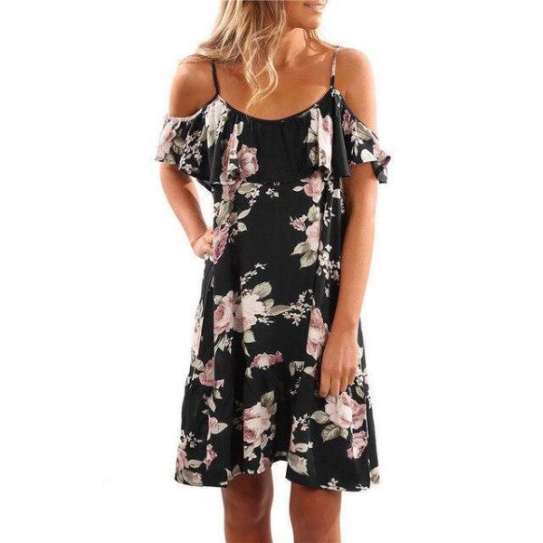 Plus Size Fashion Summer Off The Shoulder Floral Printed Chiffon Loose Ruffled Women Mini Dress Sexy Dress Women Party Dress - Takalr