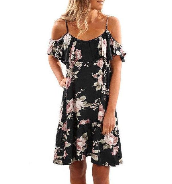 Plus Size Fashion Summer Off The Shoulder Floral Printed Chiffon Loose Ruffled Women Mini Dress Sexy Dress Women Party Dress - Takalr