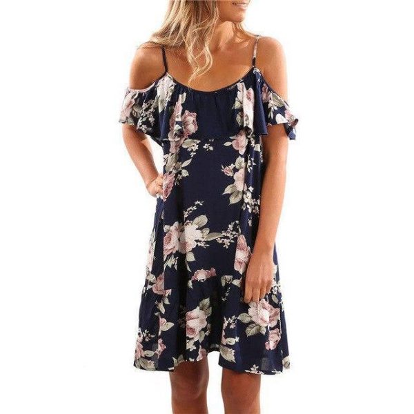 Plus Size Fashion Summer Off The Shoulder Floral Printed Chiffon Loose Ruffled Women Mini Dress Sexy Dress Women Party Dress - Takalr