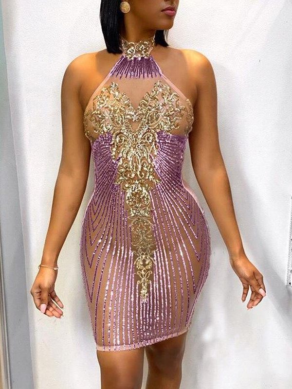 Plus Size Halter Sequined Dress Women Open Back Pleated Bodycon Dress Stretchy Mini Party Dresses Ruched Vestidos - Takalr