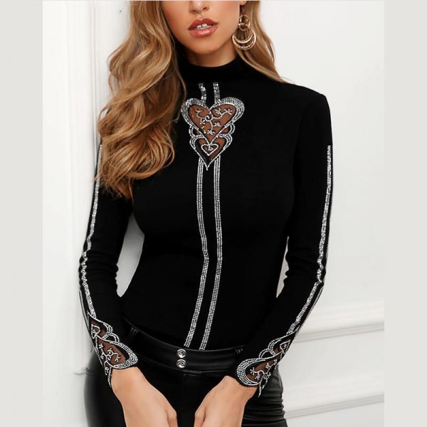 Plus Size Studded Long Sleeve T Shirt Women Hear Pattern Stretchy Warm Cashmere Slim Top Chic Elegant Shirt Black Blusa - Takalr