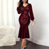 Plus Size Wine Red Velvet Sequin Dress Women V Neck Lantern Sleeve Party Dress Elegant Office Ladies Formal Mermaid Dresses Robe - Takalr