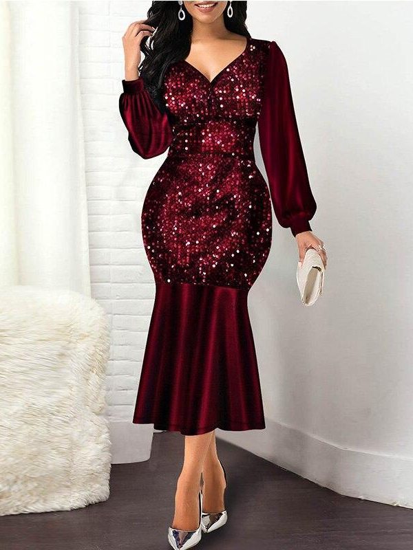 Plus Size Wine Red Velvet Sequin Dress Women V Neck Lantern Sleeve Party Dress Elegant Office Ladies Formal Mermaid Dresses Robe - Takalr