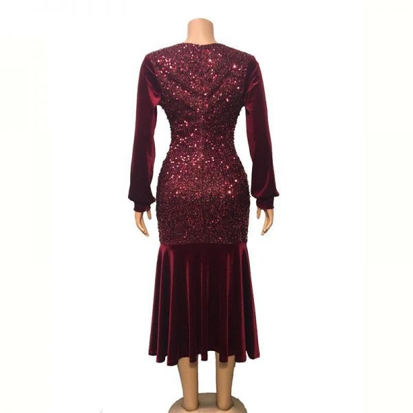 Plus Size Wine Red Velvet Sequin Dress Women V Neck Lantern Sleeve Party Dress Elegant Office Ladies Formal Mermaid Dresses Robe - Takalr