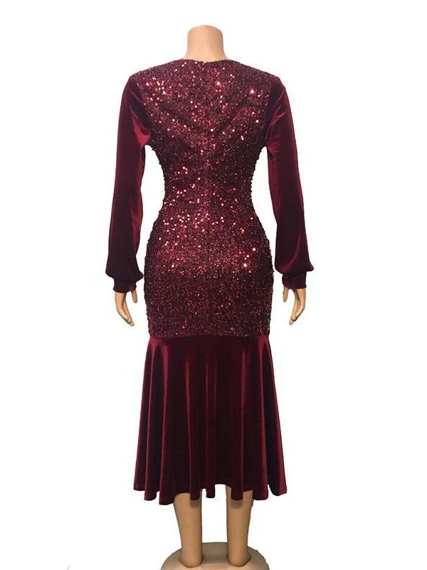 Plus Size Wine Red Velvet Sequin Dress Women V Neck Lantern Sleeve Party Dress Elegant Office Ladies Formal Mermaid Dresses Robe - Takalr