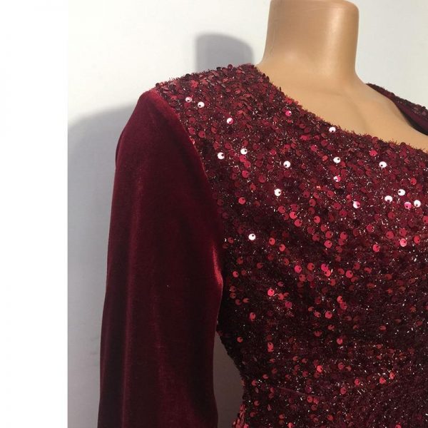 Plus Size Wine Red Velvet Sequin Dress Women V Neck Lantern Sleeve Party Dress Elegant Office Ladies Formal Mermaid Dresses Robe - Takalr