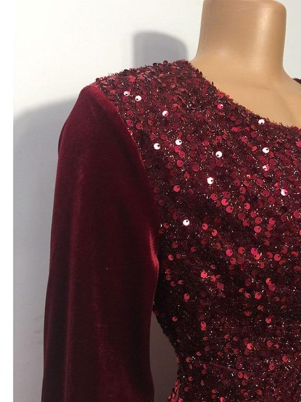 Plus Size Wine Red Velvet Sequin Dress Women V Neck Lantern Sleeve Party Dress Elegant Office Ladies Formal Mermaid Dresses Robe - Takalr