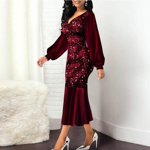 Plus Size Wine Red Velvet Sequin Dress Women V Neck Lantern Sleeve Party Dress Elegant Office Ladies Formal Mermaid Dresses Robe - Takalr