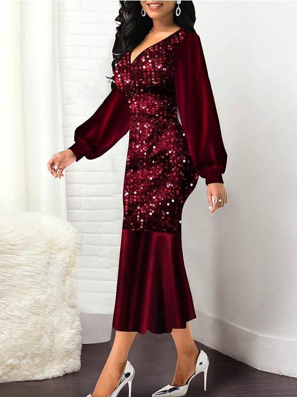 Plus Size Wine Red Velvet Sequin Dress Women V Neck Lantern Sleeve Party Dress Elegant Office Ladies Formal Mermaid Dresses Robe - Takalr