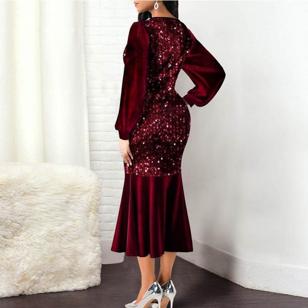 Plus Size Wine Red Velvet Sequin Dress Women V Neck Lantern Sleeve Party Dress Elegant Office Ladies Formal Mermaid Dresses Robe - Takalr