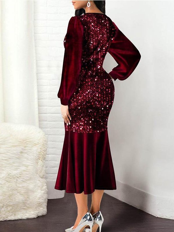 Plus Size Wine Red Velvet Sequin Dress Women V Neck Lantern Sleeve Party Dress Elegant Office Ladies Formal Mermaid Dresses Robe - Takalr