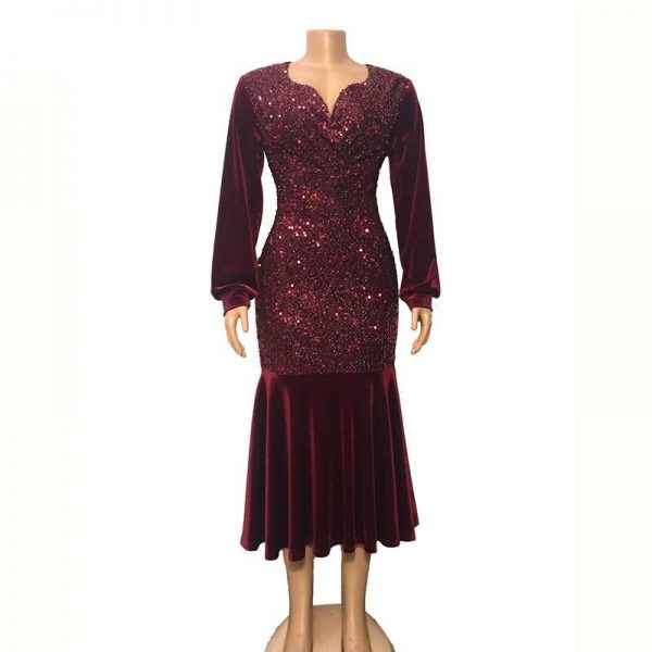 Plus Size Wine Red Velvet Sequin Dress Women V Neck Lantern Sleeve Party Dress Elegant Office Ladies Formal Mermaid Dresses Robe - Takalr