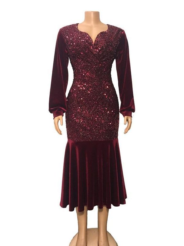 Plus Size Wine Red Velvet Sequin Dress Women V Neck Lantern Sleeve Party Dress Elegant Office Ladies Formal Mermaid Dresses Robe - Takalr