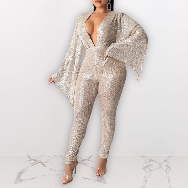 Plus Size Women Sequin Jumpsuits Long Pants Rompers Deep V-neck Flare Sleeve Bodycon Skinny Jumpsuits - Takalr