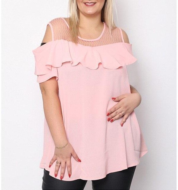 Plus Size Womens Tops and Blouses Summer Pink Ruffle Off Shoulder Blouse Sexy Mesh Patchwork Shirt Korean Ladies Fashion Clothes - Takalr