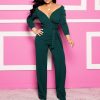 Plus size long sleeve rompers womens jumspuit Sashes wrap wide leg pants Elegant v neck overalls for woman Solid color palysuits - Takalr