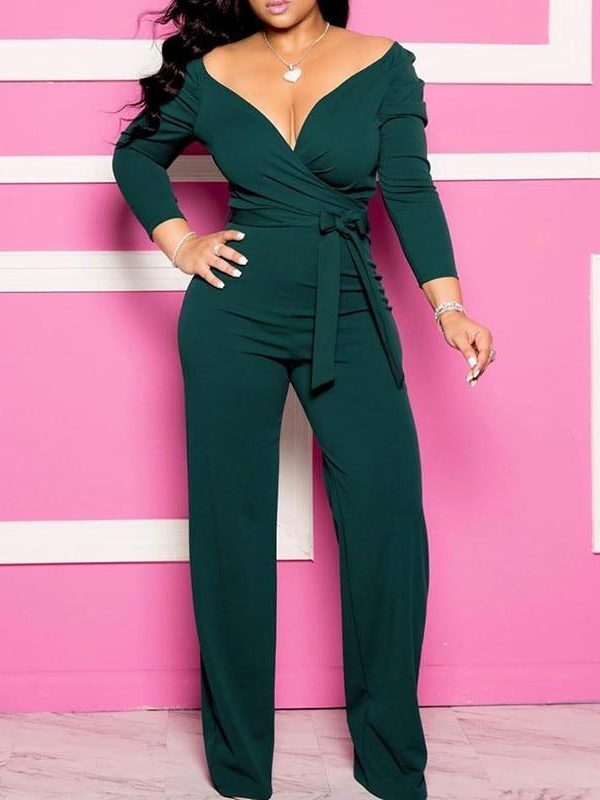 Plus size long sleeve rompers womens jumspuit Sashes wrap wide leg pants Elegant v neck overalls for woman Solid color palysuits - Takalr