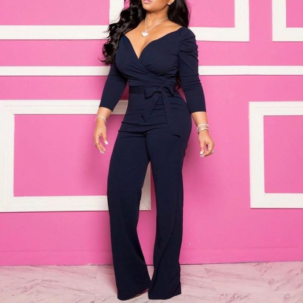 Plus size long sleeve rompers womens jumspuit Sashes wrap wide leg pants Elegant v neck overalls for woman Solid color palysuits - Takalr