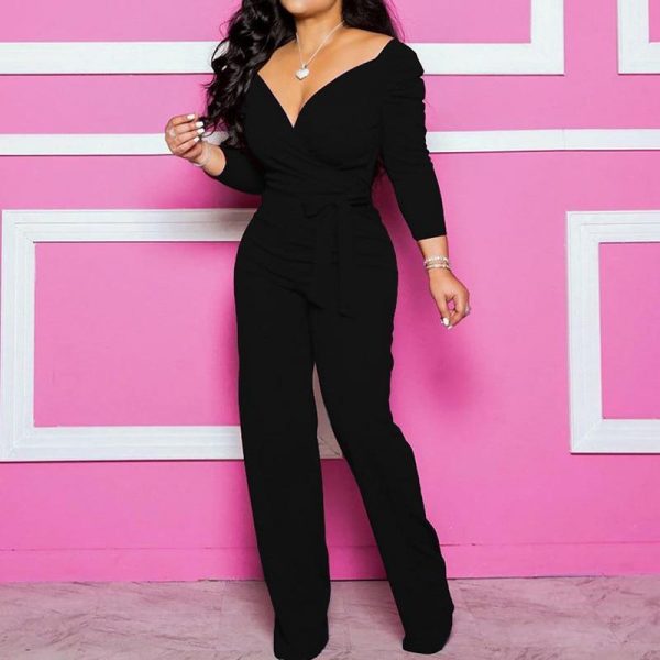 Plus size long sleeve rompers womens jumspuit Sashes wrap wide leg pants Elegant v neck overalls for woman Solid color palysuits - Takalr