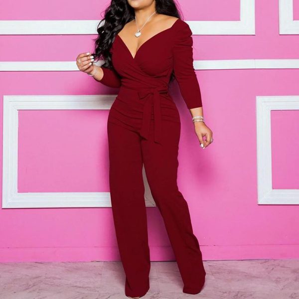 Plus size long sleeve rompers womens jumspuit Sashes wrap wide leg pants Elegant v neck overalls for woman Solid color palysuits - Takalr